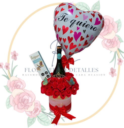 rosa,espumante,chocolates,globo Box de 50 Rosa de Jabón, Espumante y Chocolate Beligian