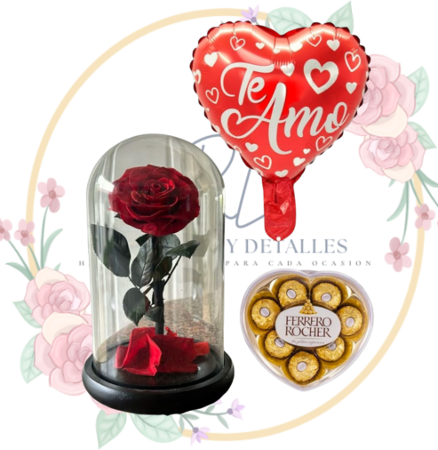 ROSA PRESERV Rosa Preservada en Cúpula Alta, Bombones y Globo Metalizado