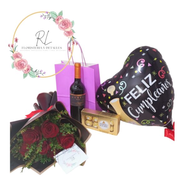 Ramo 6 rosas rojas con vino