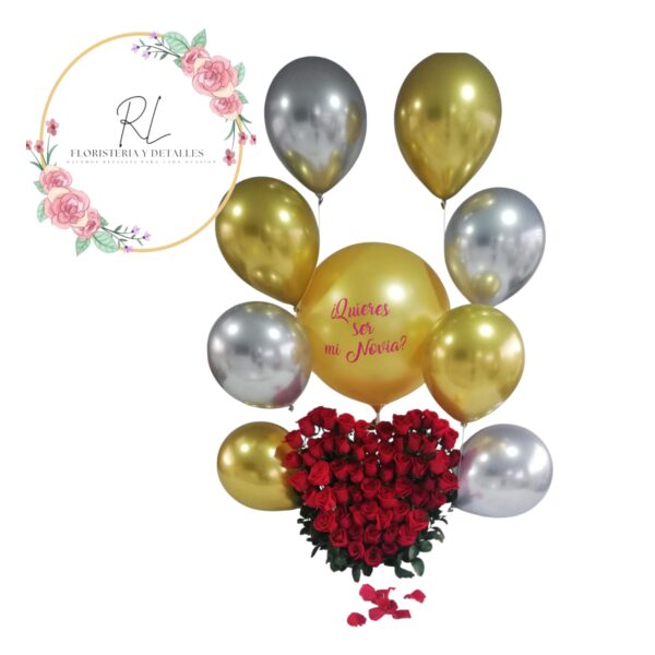 Arreglo corazón de rosas enamorado y globo 45cm personalizado