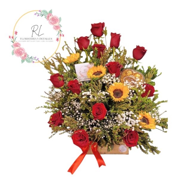 Arreglo de rosas y girasoles para enamorar
