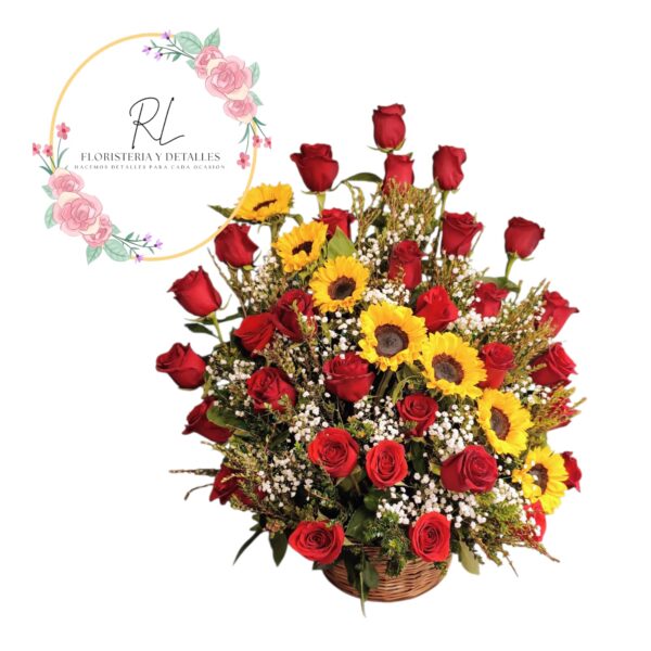 HERMOSA CANASTA 30 ROSAS 7 GIRASOLES