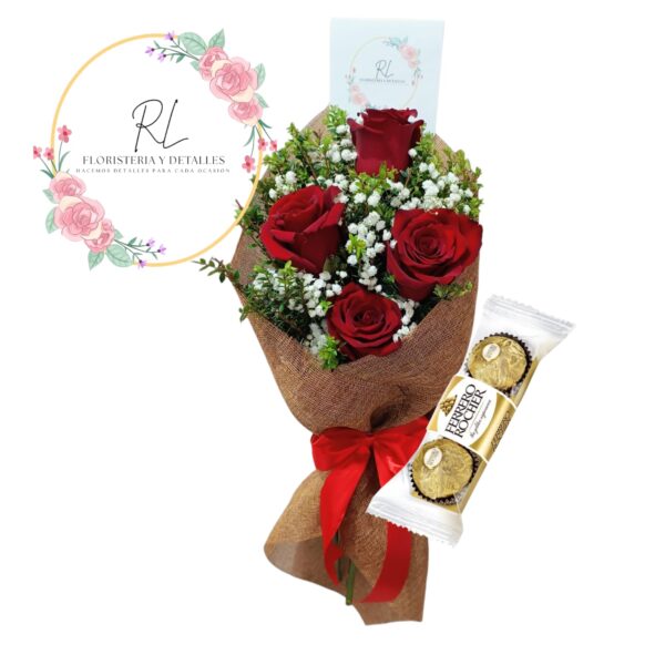 RAMO 4 ROSAS EN ARPILLERA CON BOMBON X3