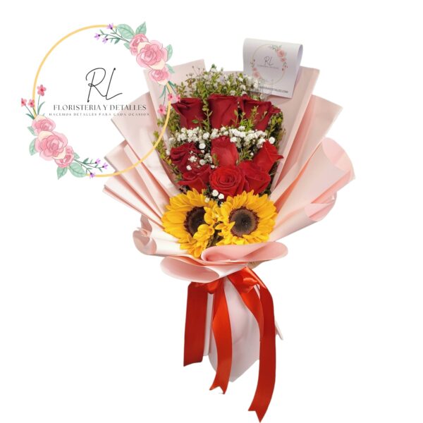 Delicado ramo de 9 rosas 2 girasoles