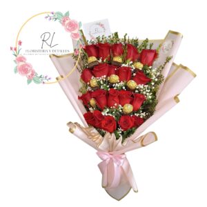 Ramo premium 20 rosas y 8 bombones ferrero