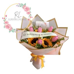 LINDO RAMO GIRASOLES Y TULIPANES CON CINTA