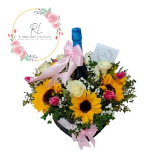 BOX ESPUMANTE CON ROSAS TULIPANES Y GIRASOLES